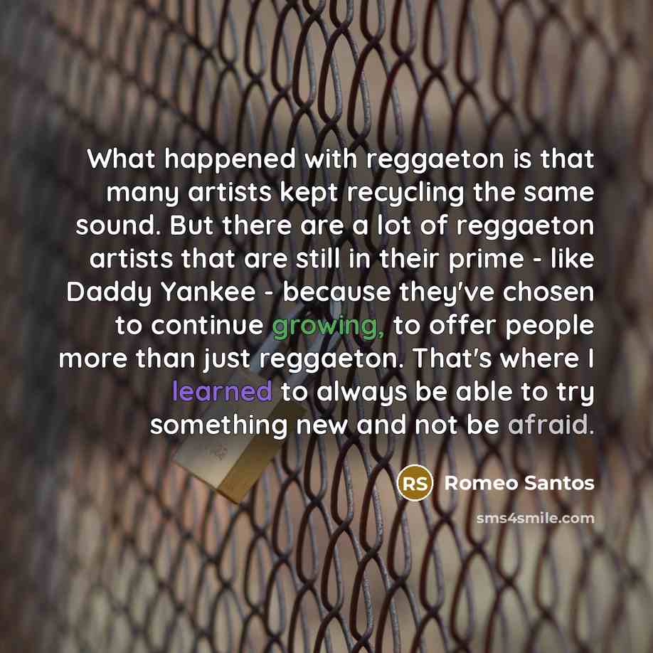 “What happened with reggaeton is that many artists kept recycling the same sound. But there are a lot of reggaeton artists that are still in their prime - like Daddy Yankee - because they've chosen to continue growing, to offer people more than just reggaeton. That's where I learned to always be…” quote by Romeo Santos