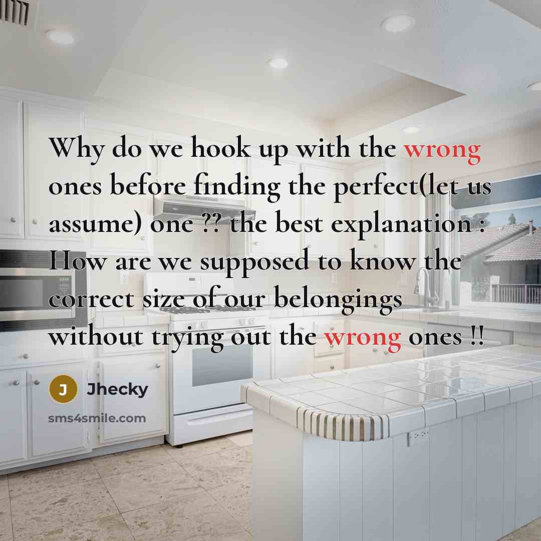 “Why do we hook up with the wrong ones before finding the perfect(let us assume) one ?? the best explanation : How are we supposed to know the correct size of our belongings without trying out the wrong ones !!” quote by Jhecky