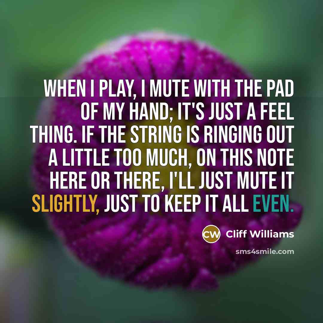 “When I play, I mute with the pad of my hand; it's just a feel thing. If the string is ringing out a little too much, on this note here or there, I'll just mute it slightly, just to keep it all even.” quote by Cliff Williams