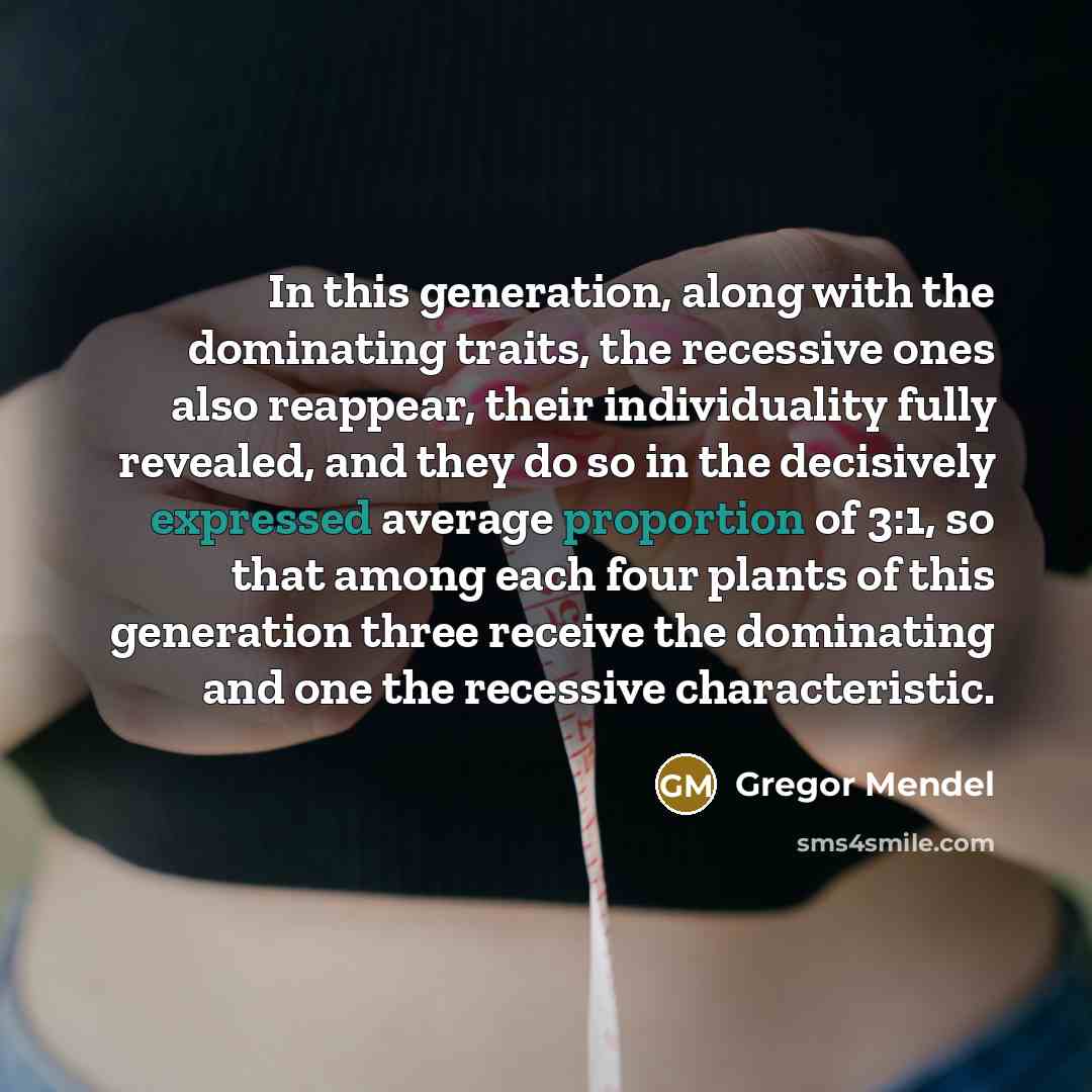 “In this generation, along with the dominating traits, the recessive ones also reappear, their individuality fully revealed, and they do so in the decisively expressed average proportion of 3:1, so that among each four plants of this generation three receive the dominating and one the recessive…” quote by Gregor Mendel
