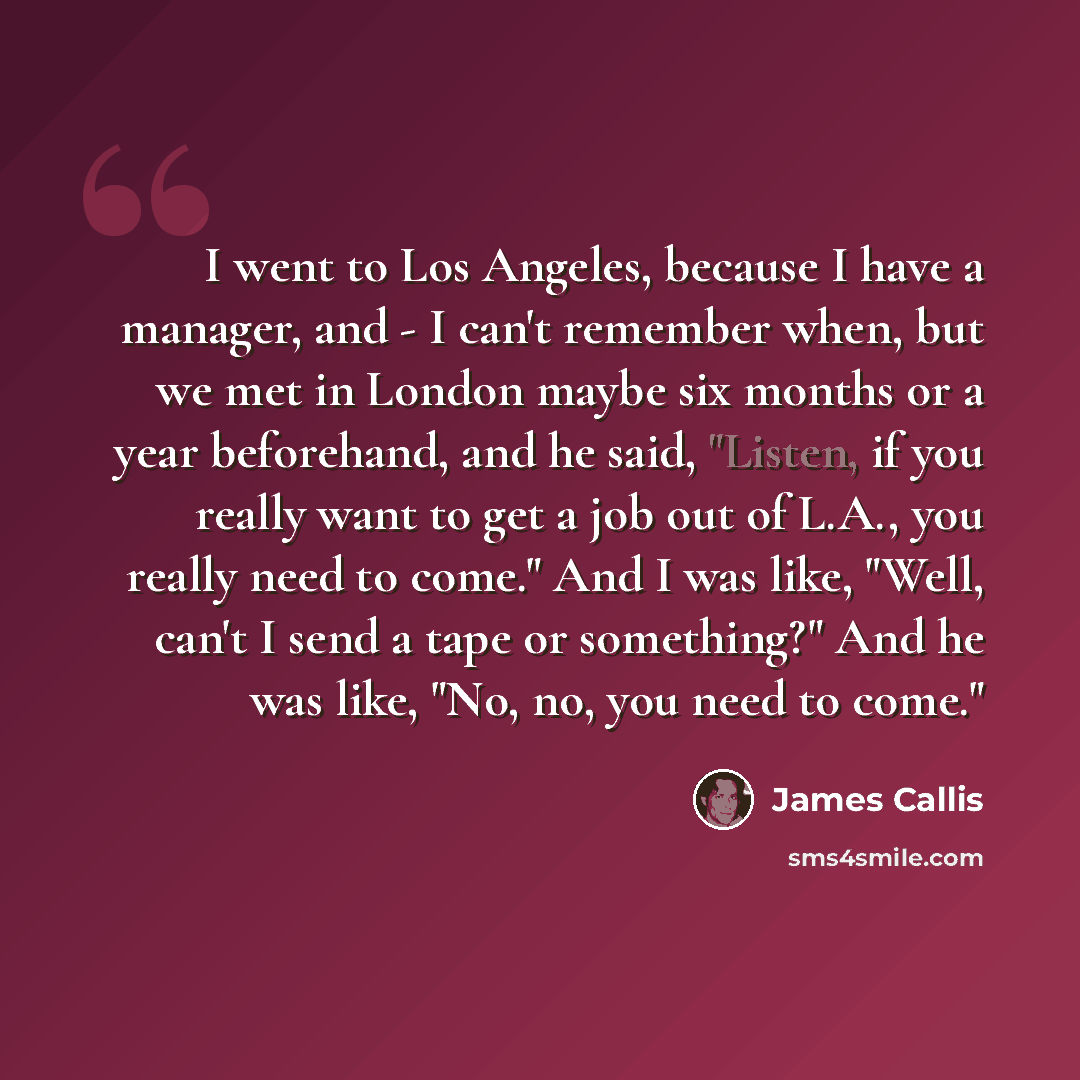 “I went to Los Angeles, because I have a manager, and - I can't remember when, but we met in London maybe six months or a year beforehand, and he said, "Listen, if you really want to get a job out of L.A., you really need to come." And I was like, "Well, can't I send a tape or something?" And he…” quote by James Callis
