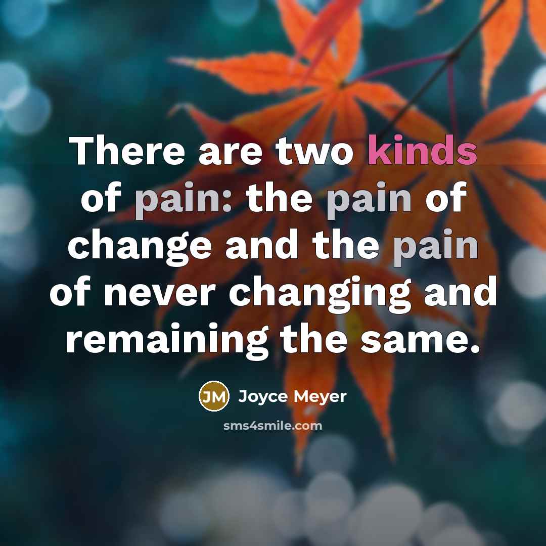“There are two kinds of pain: the pain of change and the pain of never changing and remaining the same.” quote by Joyce Meyer