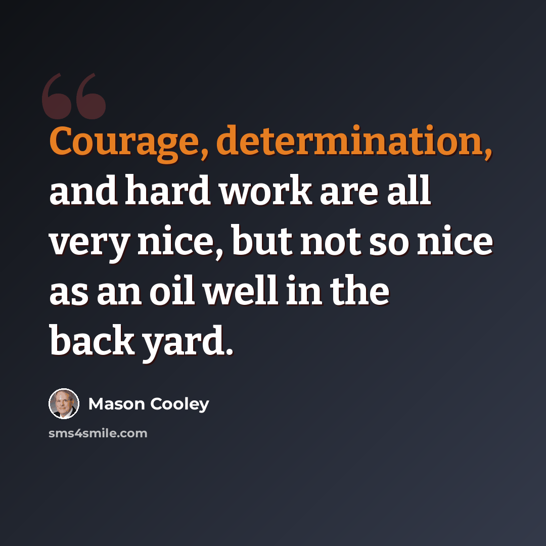 “Courage, determination, and hard work are all very nice, but not so nice as an oil well in the back yard.” quote by Mason Cooley