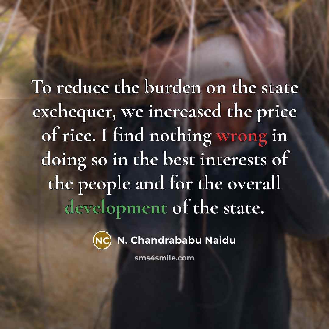 “To reduce the burden on the state exchequer, we increased the price of rice. I find nothing wrong in doing so in the best interests of the people and for the overall development of the state.” quote by N. Chandrababu Naidu