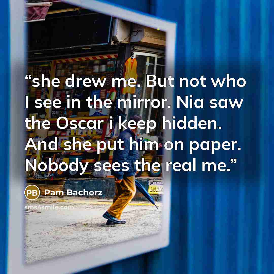 “she drew me. But not who I see in the mirror. Nia saw the Oscar i keep hidden. And she put him on paper. Nobody sees the real me.” quote by Pam Bachorz