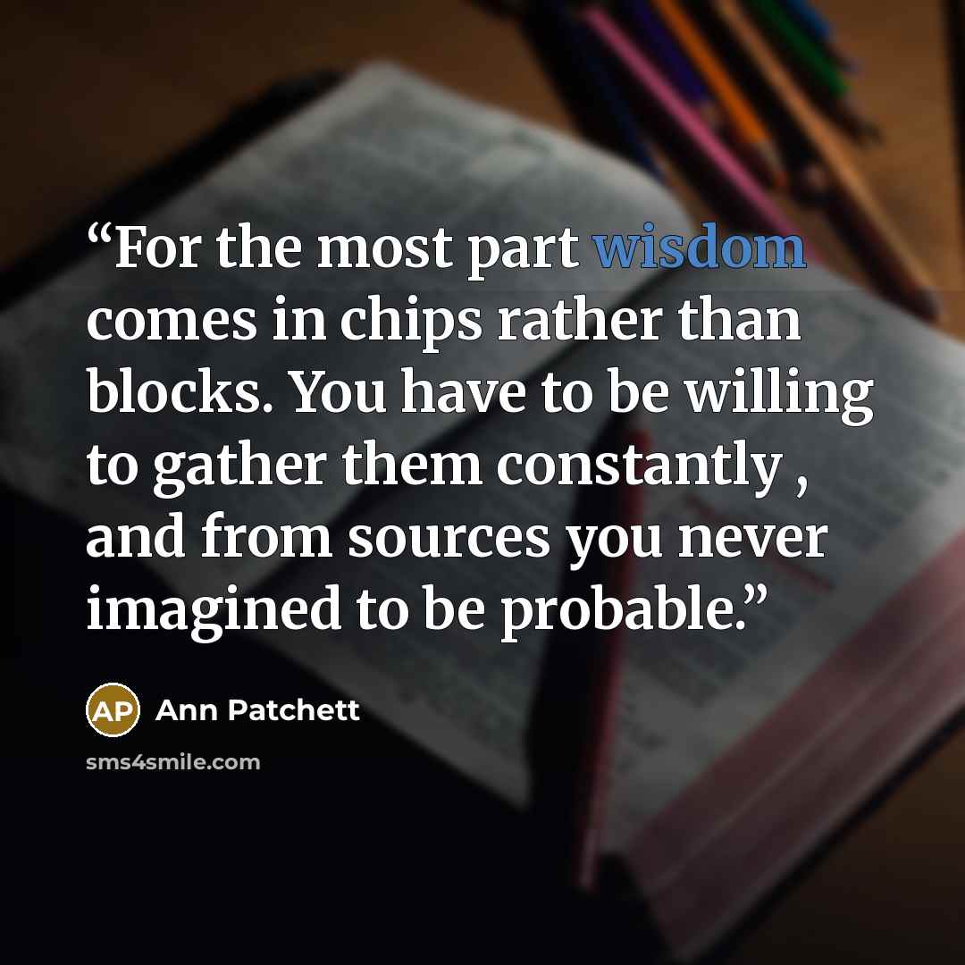 “For the most part wisdom comes in chips rather than blocks. You have to be willing to gather them constantly , and from sources you never imagined to be probable.” quote by Ann Patchett