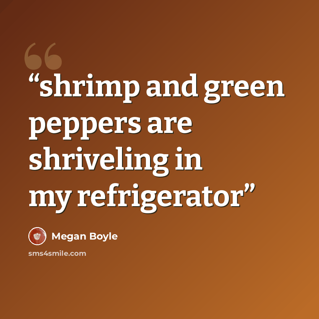 “shrimp and green peppers are shriveling in my refrigerator” quote by Megan Boyle