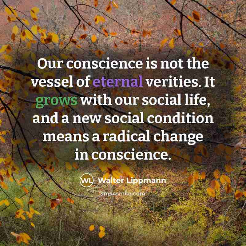 “Our conscience is not the vessel of eternal verities. It grows with our social life, and a new social condition means a radical change in conscience.” quote by Walter Lippmann