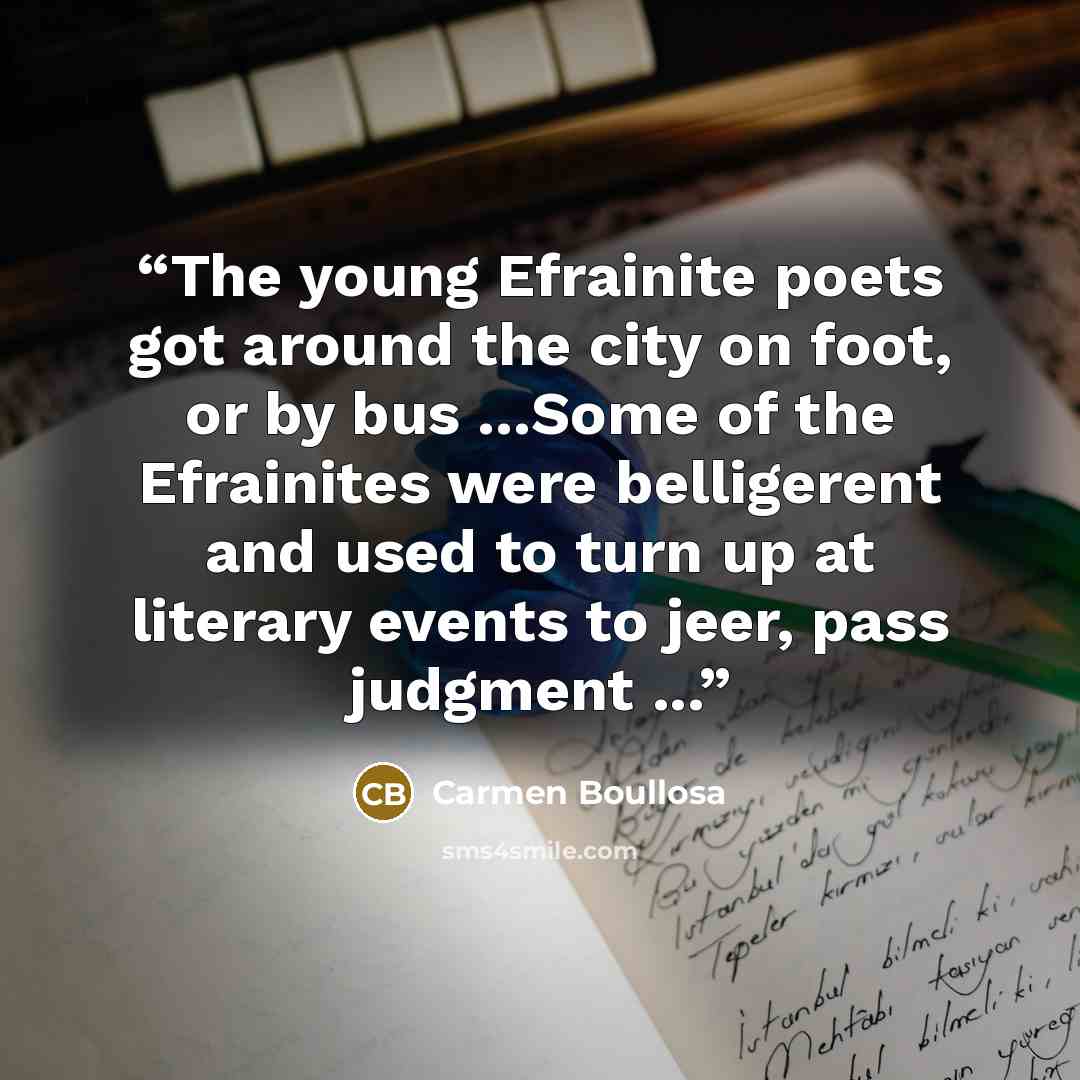 “The young Efrainite poets got around the city on foot, or by bus ...Some of the Efrainites were belligerent and used to turn up at literary events to jeer, pass judgment ...” quote by Carmen Boullosa