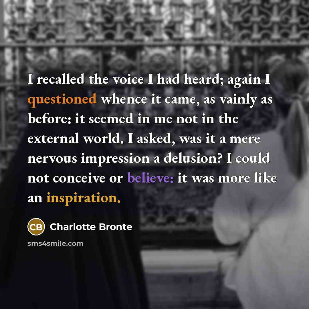 “I recalled the voice I had heard; again I questioned whence it came, as vainly as before: it seemed in me not in the external world. I asked, was it a mere nervous impression a delusion? I could not conceive or believe: it was more like an inspiration.” quote by Charlotte Bronte