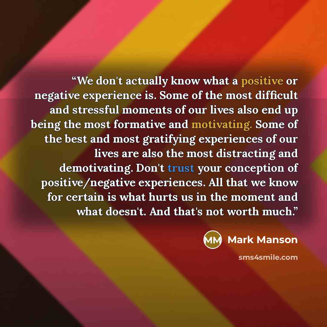 “We don't actually know what a positive or negative experience is. Some of the most difficult and stressful moments of our lives also end up being the most formative and motivating. Some of the best and most gratifying experiences of our lives are also the most distracting and demotivating. Don't…” quote by Mark Manson