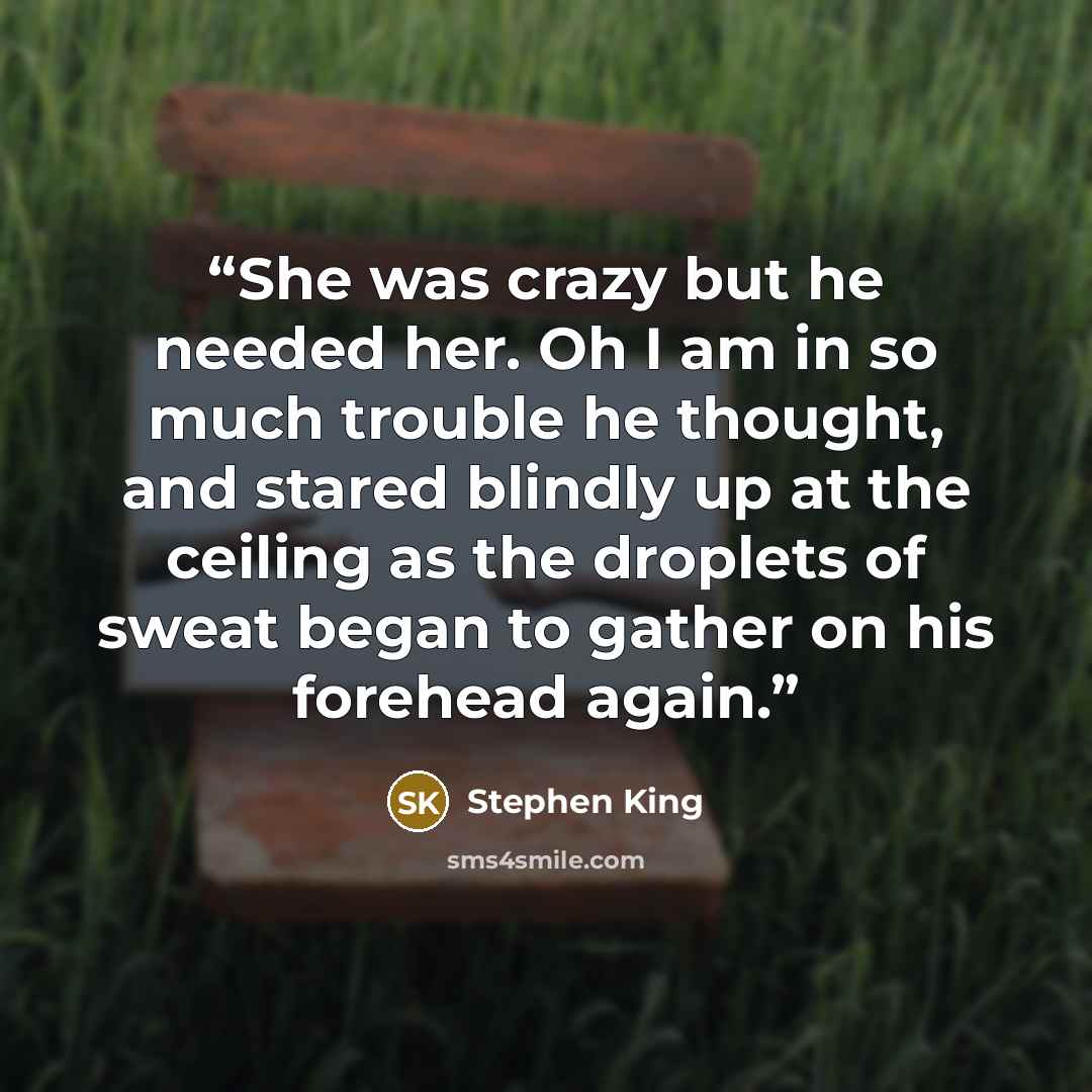 “She was crazy but he needed her. Oh I am in so much trouble he thought, and stared blindly up at the ceiling as the droplets of sweat began to gather on his forehead again.” quote by Stephen King