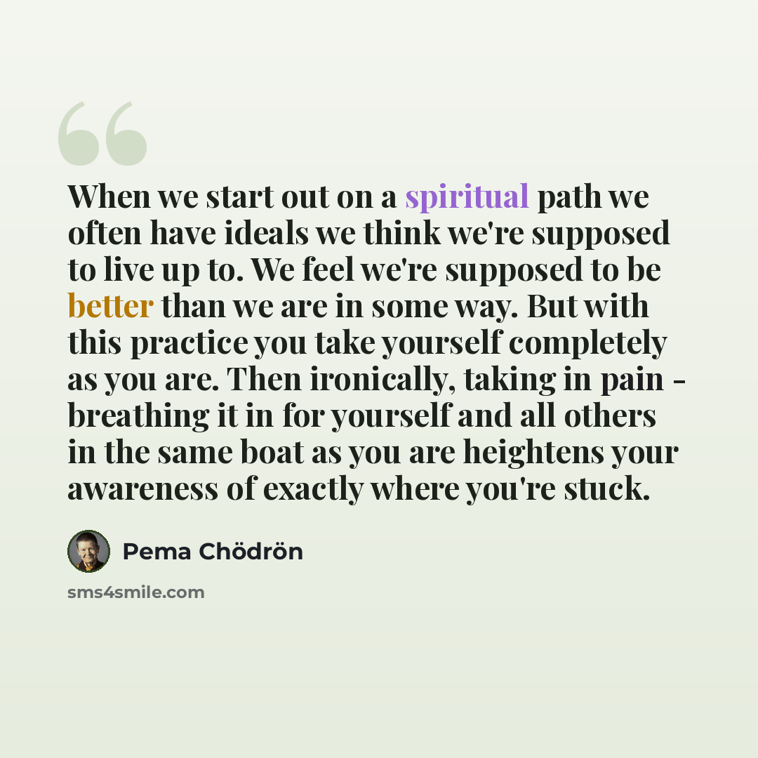 “When we start out on a spiritual path we often have ideals we think we're supposed to live up to. We feel we're supposed to be better than we are in some way. But with this practice you take yourself completely as you are. Then ironically, taking in pain - breathing it in for yourself and all…” quote by Pema Chodron