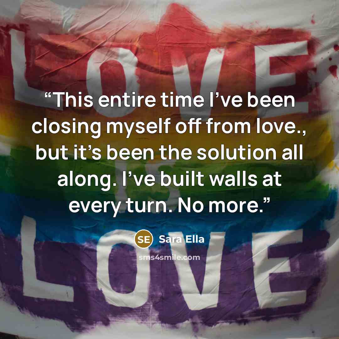 “This entire time I've been closing myself off from love., but it's been the solution all along. I've built walls at every turn. No more.” quote by Sara Ella