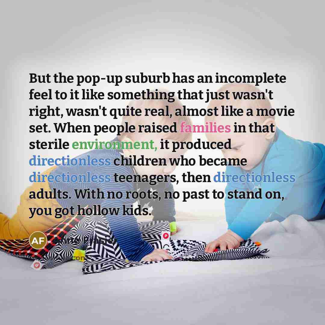 “But the pop-up suburb has an incomplete feel to it like something that just wasn't right, wasn't quite real, almost like a movie set. When people raised families in that sterile environment, it produced directionless children who became directionless teenagers, then directionless adults. With no…” quote by Anne Frasier