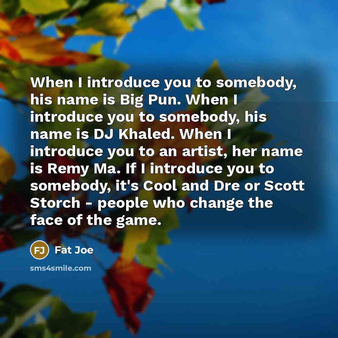 “When I introduce you to somebody, his name is Big Pun. When I introduce you to somebody, his name is DJ Khaled. When I introduce you to an artist, her name is Remy Ma. If I introduce you to somebody, it's Cool and Dre or Scott Storch - people who change the face of the game.” quote by Fat Joe