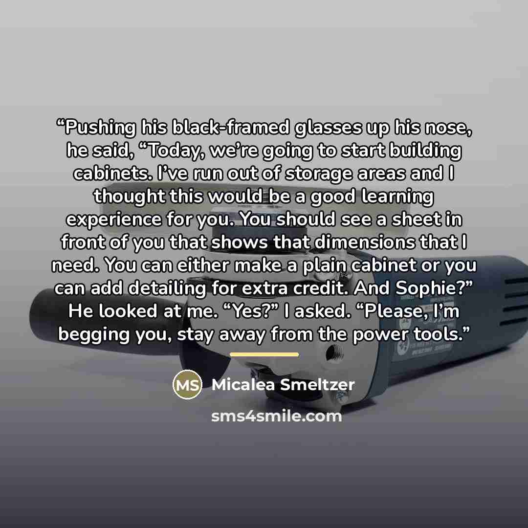 “Pushing his black-framed glasses up his nose, he said, “Today, we’re going to start building cabinets. I’ve run out of storage areas and I thought this would be a good learning experience for you. You should see a sheet in front of you that shows that dimensions that I need. You can either make a…” quote by Micalea Smeltzer