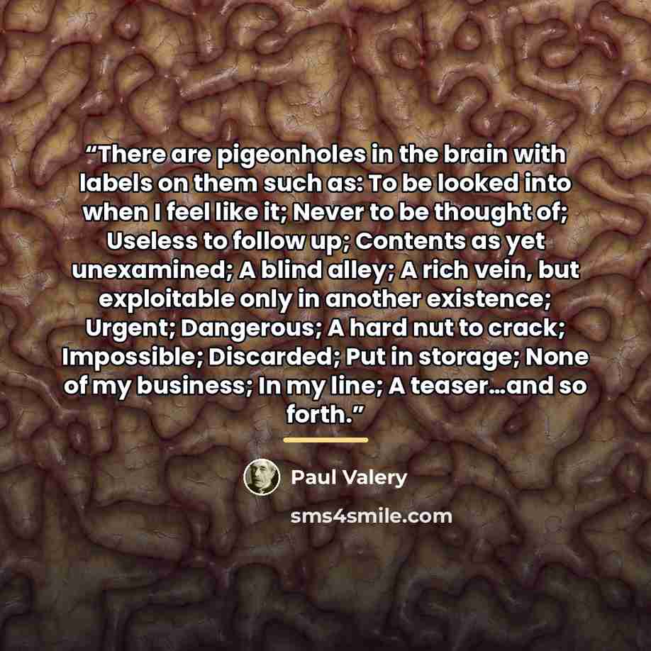 “There are pigeonholes in the brain with labels on them such as: To be looked into when I feel like it; Never to be thought of; Useless to follow up; Contents as yet unexamined; A blind alley; A rich vein, but exploitable only in another existence; Urgent; Dangerous; A hard nut to crack…” quote by Paul Valéry