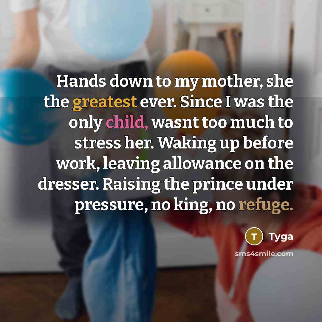 “Hands down to my mother, she the greatest ever. Since I was the only child, wasnt too much to stress her. Waking up before work, leaving allowance on the dresser. Raising the prince under pressure, no king, no refuge.” quote by Tyga