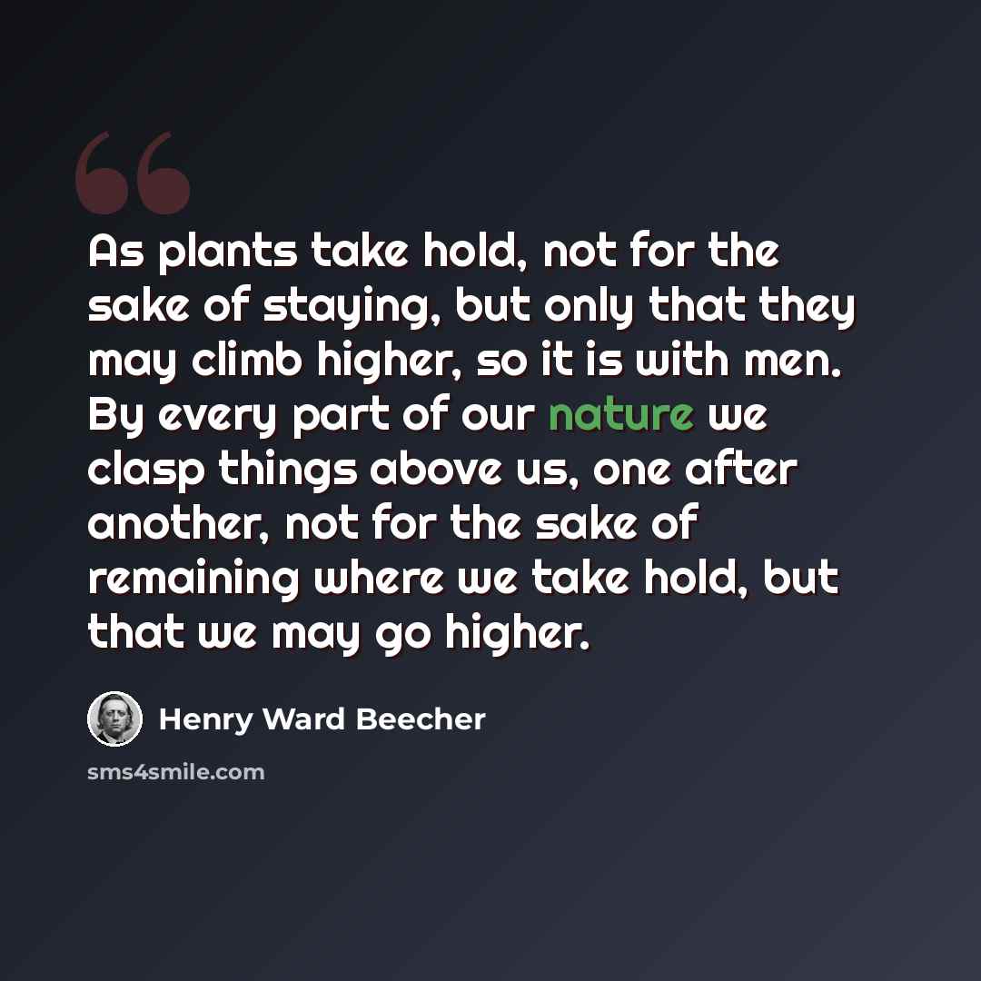 “As plants take hold, not for the sake of staying, but only that they may climb higher, so it is with men. By every part of our nature we clasp things above us, one after another, not for the sake of remaining where we take hold, but that we may go higher.” quote by Henry Ward Beecher
