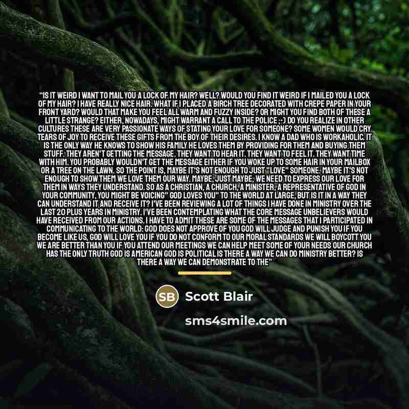 “Is it Weird I Want to Mail You a Lock of my Hair? Well? Would you find it weird if I mailed you a lock of my hair? I have really nice hair. What if I placed a birch tree decorated with crepe paper in your front yard? Would that make you feel all warm and fuzzy inside? Or might you find both of…” quote by Scott Blair