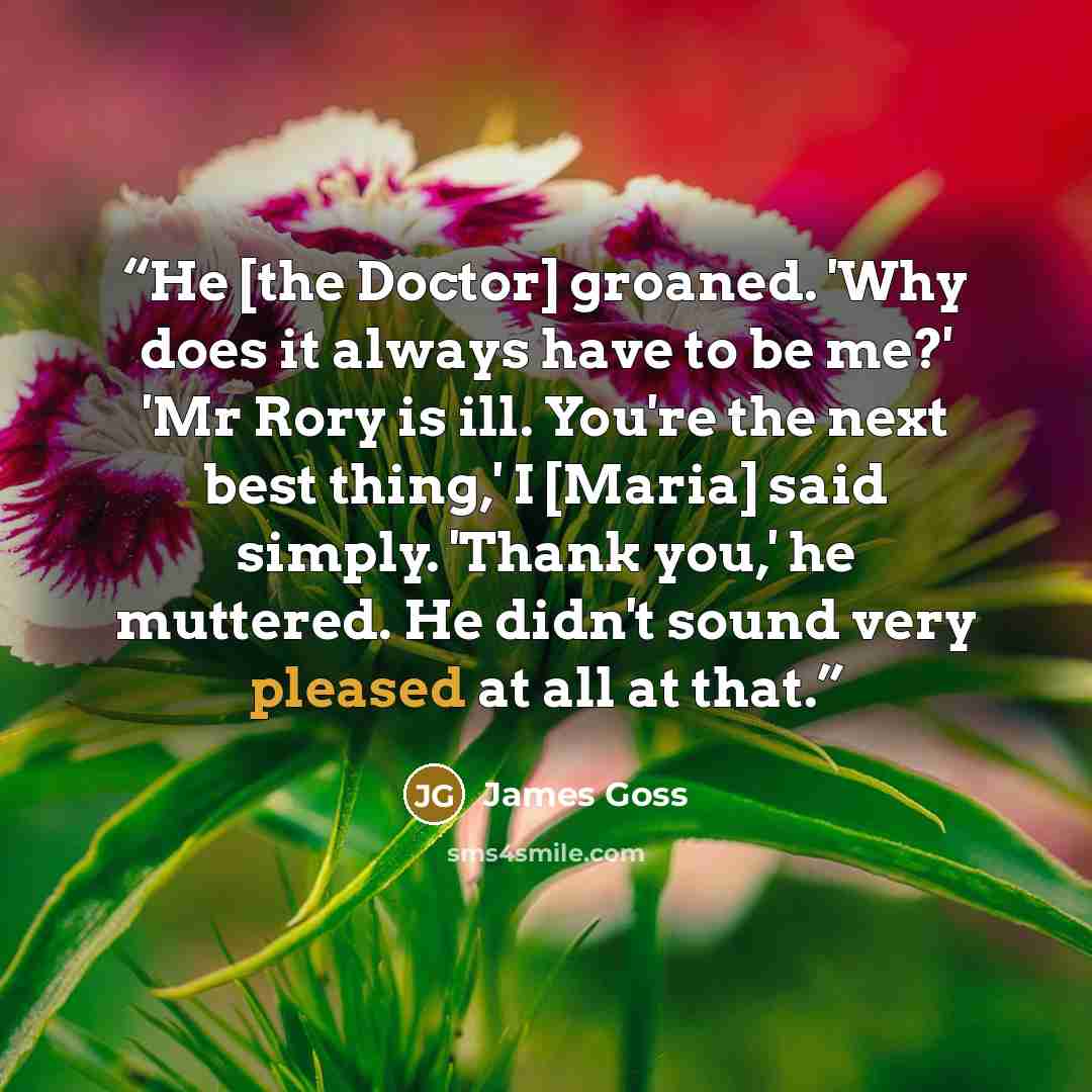 “He [the Doctor] groaned. 'Why does it always have to be me?' 'Mr Rory is ill. You're the next best thing,' I [Maria] said simply. 'Thank you,' he muttered. He didn't sound very pleased at all at that.” quote by James Goss