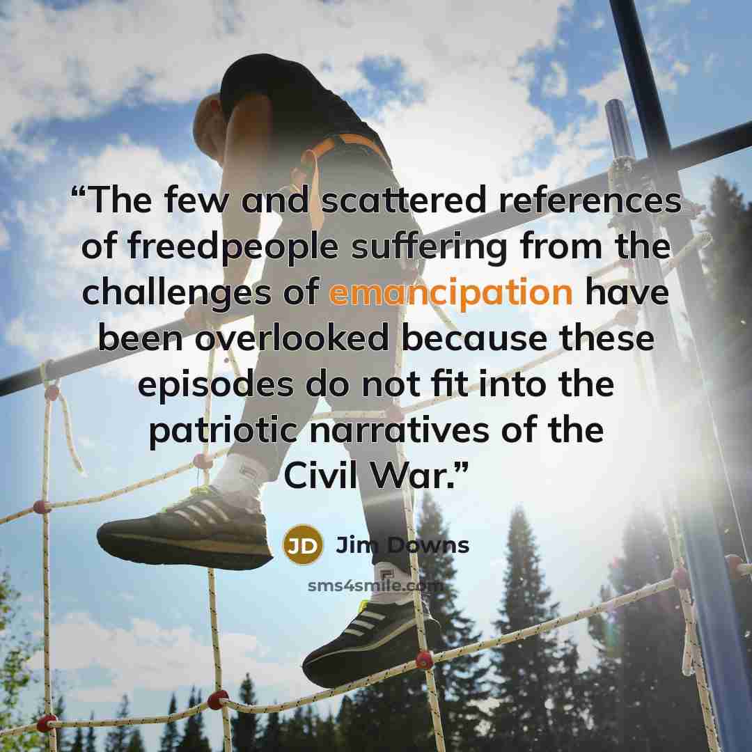 “The few and scattered references of freedpeople suffering from the challenges of emancipation have been overlooked because these episodes do not fit into the patriotic narratives of the Civil War.” quote by Jim Downs