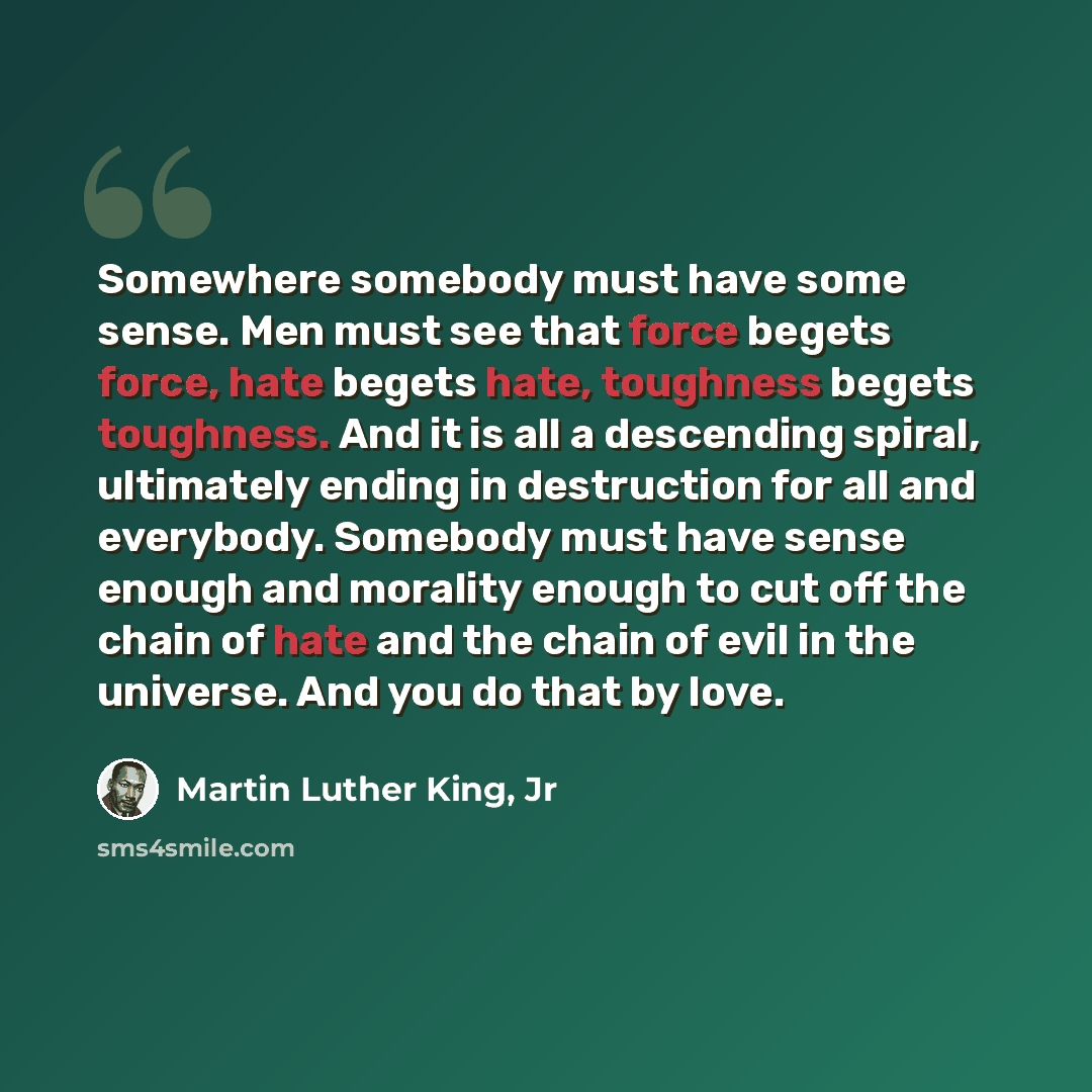 “Somewhere somebody must have some sense. Men must see that force begets force, hate begets hate, toughness begets toughness. And it is all a descending spiral, ultimately ending in destruction for all and everybody. Somebody must have sense enough and morality enough to cut off the chain of hate…” quote by Martin Luther King, Jr