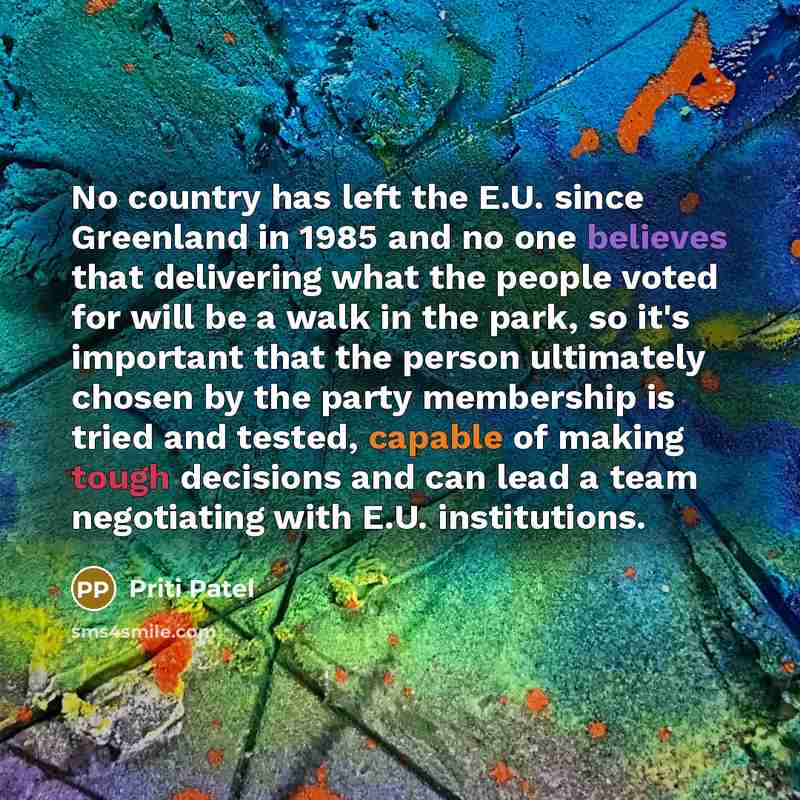 “No country has left the E.U. since Greenland in 1985 and no one believes that delivering what the people voted for will be a walk in the park, so it's important that the person ultimately chosen by the party membership is tried and tested, capable of making tough decisions and can lead a team…” quote by Priti Patel