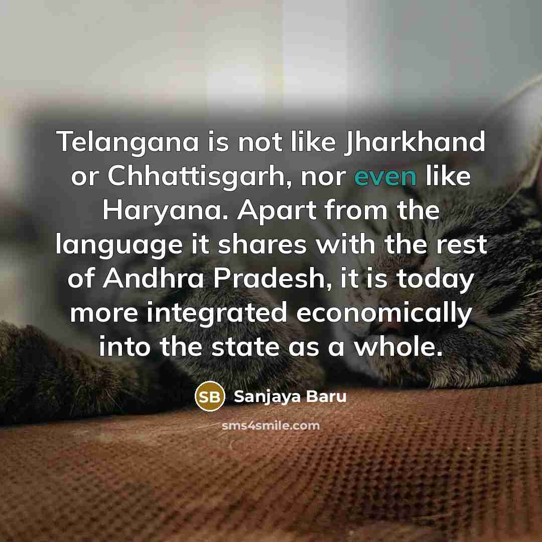 “Telangana is not like Jharkhand or Chhattisgarh, nor even like Haryana. Apart from the language it shares with the rest of Andhra Pradesh, it is today more integrated economically into the state as a whole.” quote by Sanjaya Baru