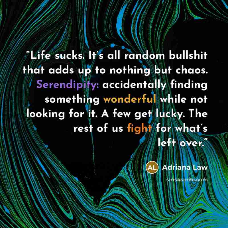 “Life sucks. It’s all random bullshit that adds up to nothing but chaos. Serendipity: accidentally finding something wonderful while not looking for it. A few get lucky. The rest of us fight for what’s left over.” quote by Adriana Law