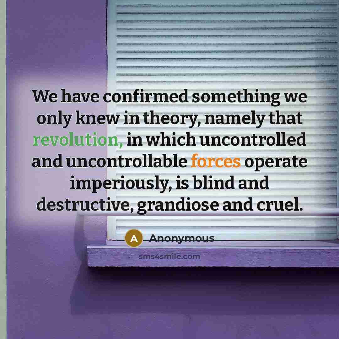 “We have confirmed something we only knew in theory, namely that revolution, in which uncontrolled and uncontrollable forces operate imperiously, is blind and destructive, grandiose and cruel.” quote by Anonymous