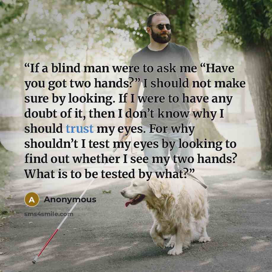 “If a blind man were to ask me “Have you got two hands?” I should not make sure by looking. If I were to have any doubt of it, then I don’t know why I should trust my eyes. For why shouldn’t I test my eyes by looking to find out whether I see my two hands? What is to be tested by what?” quote by Anonymous