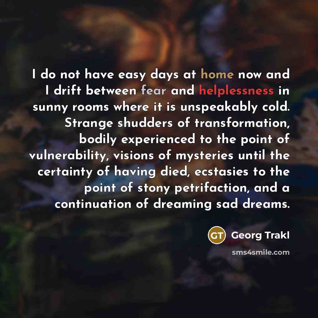 “I do not have easy days at home now and I drift between fear and helplessness in sunny rooms where it is unspeakably cold. Strange shudders of transformation, bodily experienced to the point of vulnerability, visions of mysteries until the certainty of having died, ecstasies to the point of stony…” quote by Georg Trakl