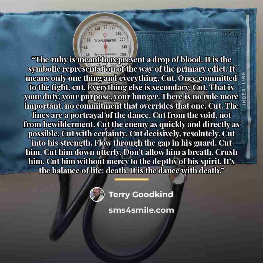 “The ruby is meant to represent a drop of blood. It is the symbolic representation of the way of the primary edict. It means only one thing and everything. Cut. Once committed to the fight, cut. Everything else is secondary. Cut. That is your duty, your purpose, your hunger. There is no rule more…” quote by Terry Goodkind