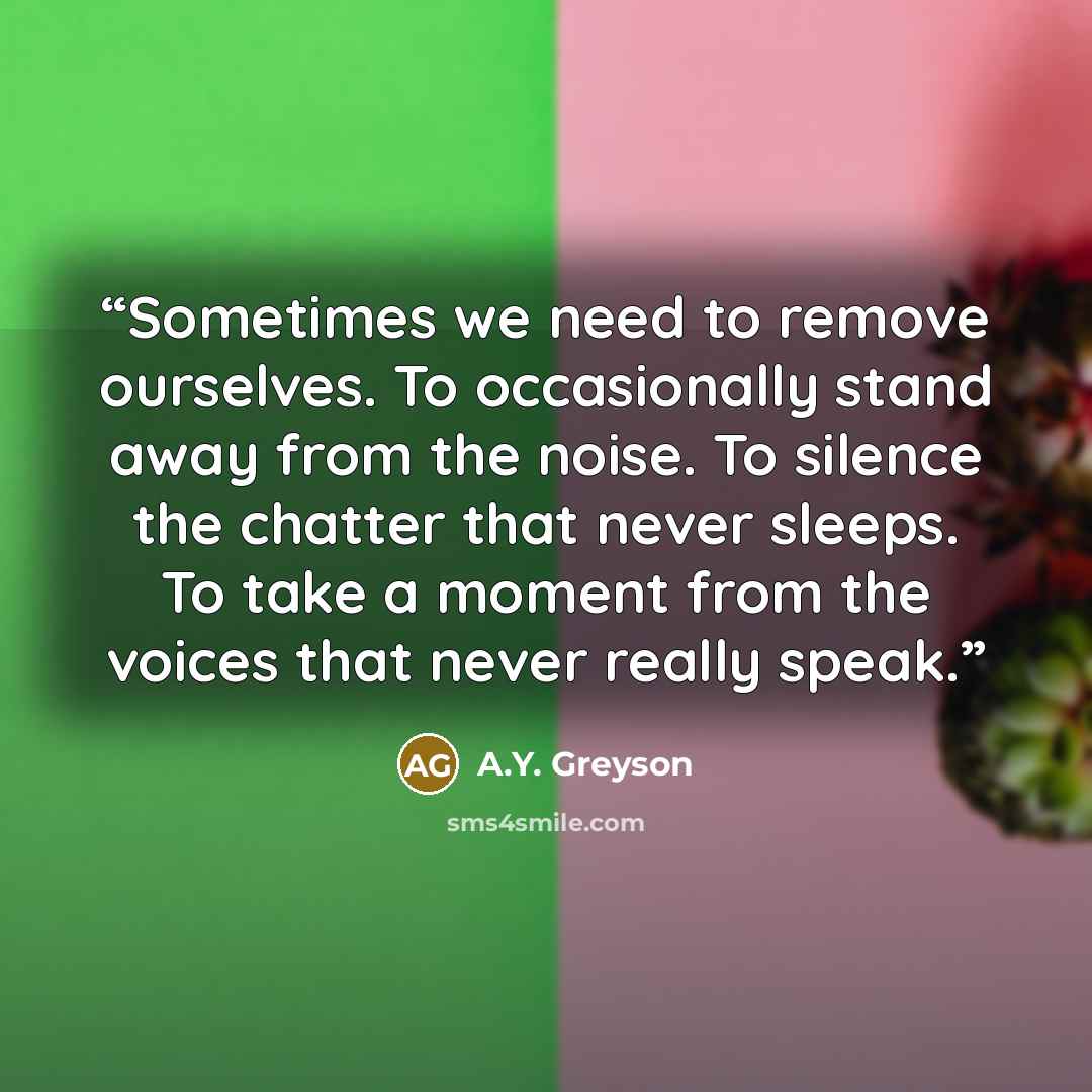 “Sometimes we need to remove ourselves. To occasionally stand away from the noise. To silence the chatter that never sleeps. To take a moment from the voices that never really speak.” quote by A.Y. Greyson