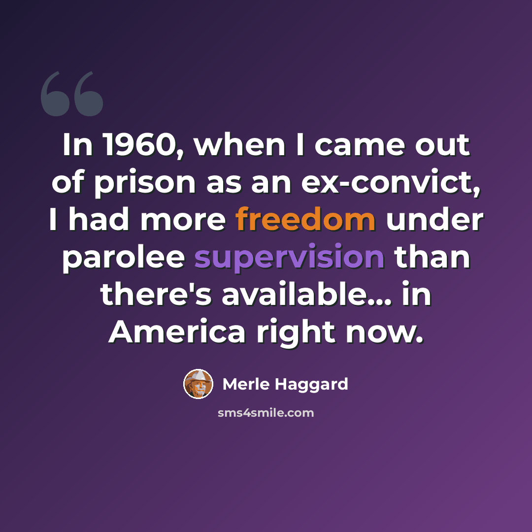 “In 1960, when I came out of prison as an ex-convict, I had more freedom under parolee supervision than there's available... in America right now.” quote by Merle Haggard