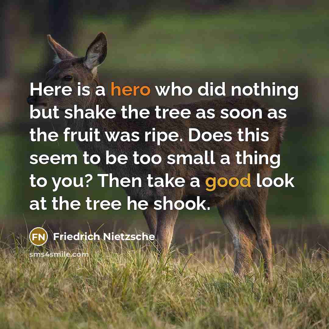 “Here is a hero who did nothing but shake the tree as soon as the fruit was ripe. Does this seem to be too small a thing to you? Then take a good look at the tree he shook.” quote by Friedrich Nietzsche