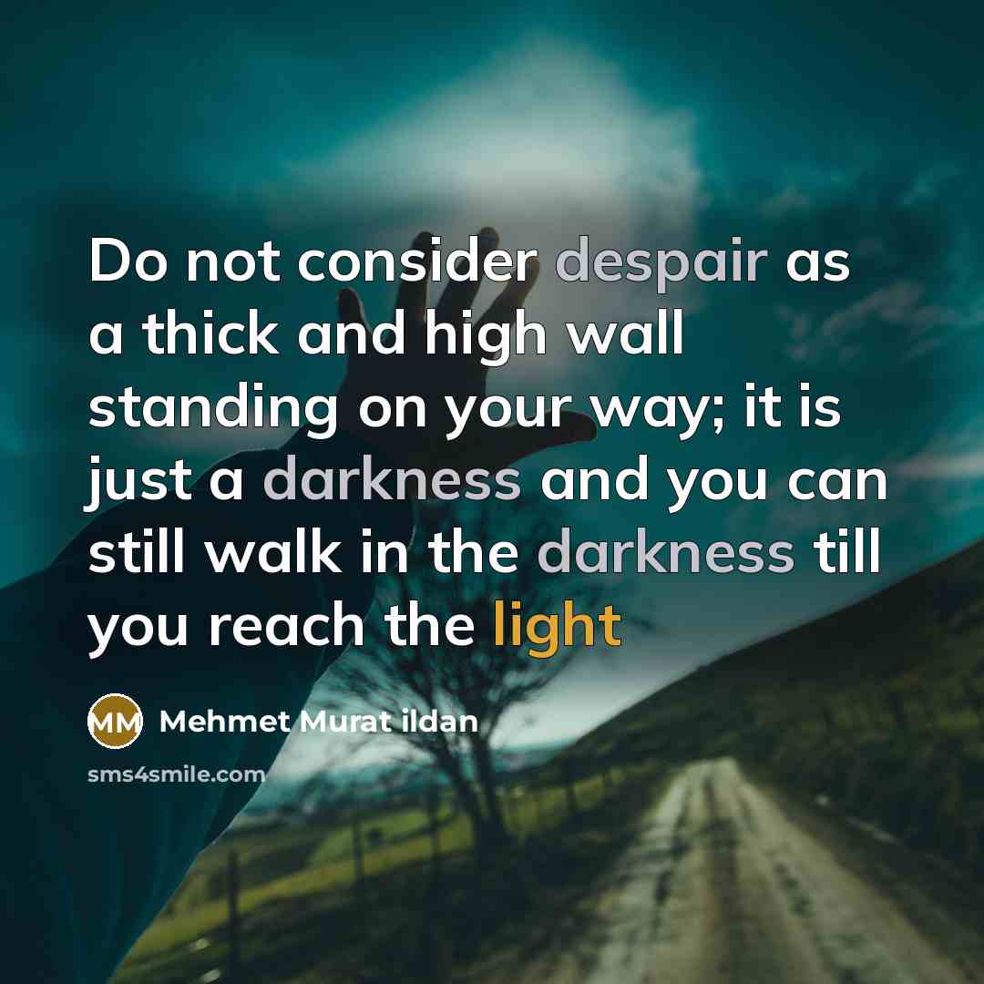 “Do not consider despair as a thick and high wall standing on your way; it is just a darkness and you can still walk in the darkness till you reach the light” quote by Mehmet Murat ildan