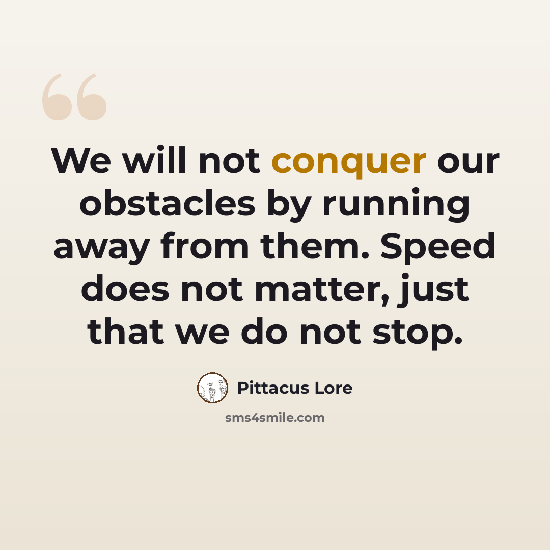 “We will not conquer our obstacles by running away from them. Speed does not matter, just that we do not stop.” quote by Pittacus Lore