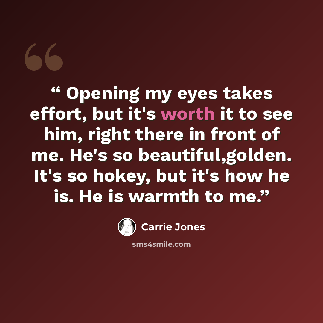 “Opening my eyes takes effort, but it's worth it to see him, right there in front of me. He's so beautiful,golden. It's so hokey, but it's how he is. He is warmth to me.” quote by Carrie Jones