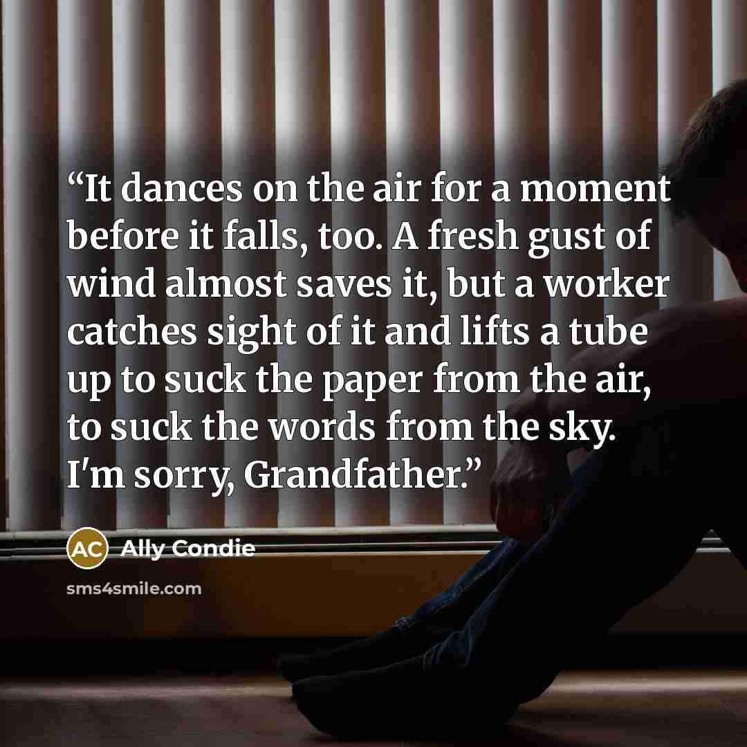 “It dances on the air for a moment before it falls, too. A fresh gust of wind almost saves it, but a worker catches sight of it and lifts a tube up to suck the paper from the air, to suck the words from the sky. I'm sorry, Grandfather.” quote by Ally Condie