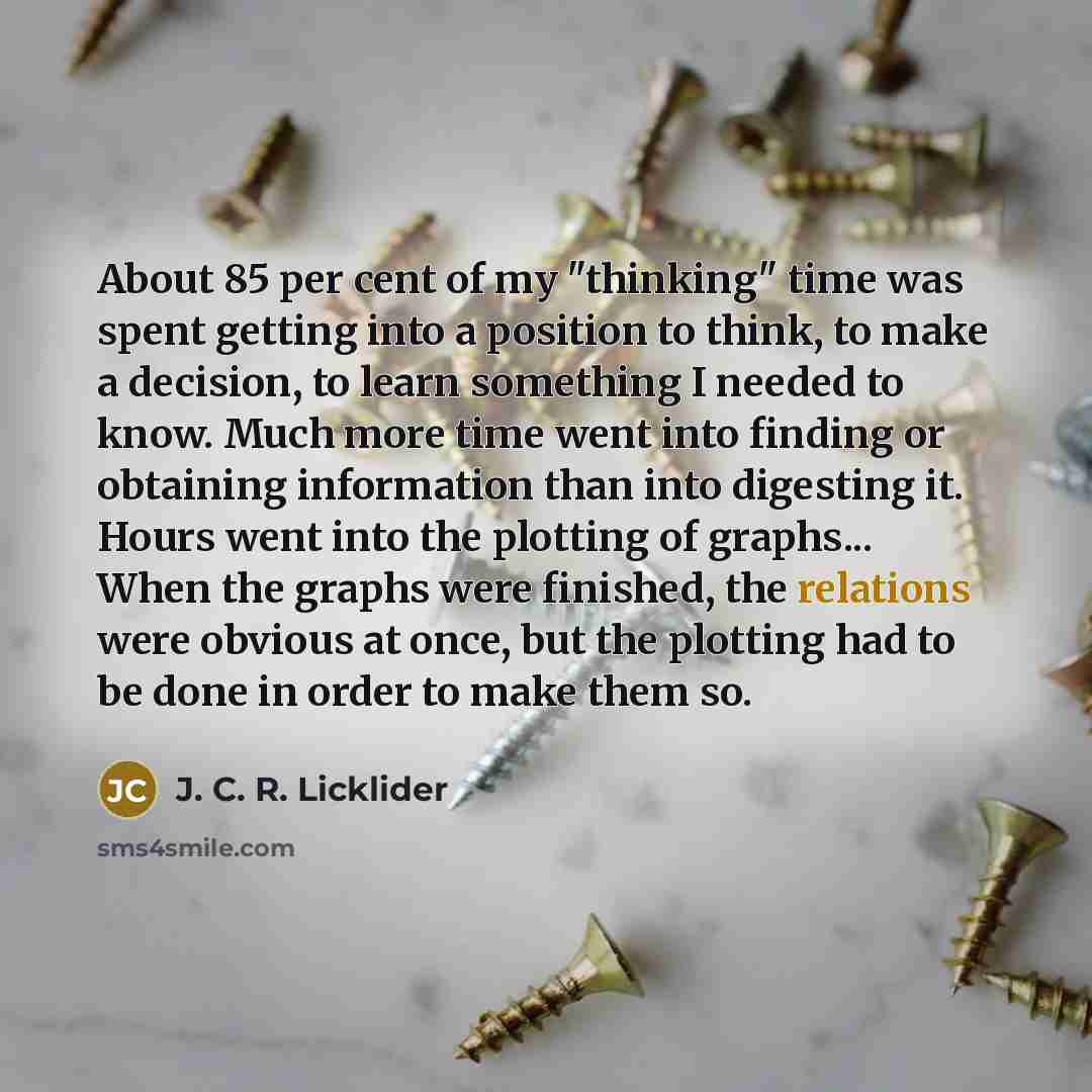 “About 85 per cent of my "thinking" time was spent getting into a position to think, to make a decision, to learn something I needed to know. Much more time went into finding or obtaining information than into digesting it. Hours went into the plotting of graphs... When the graphs were finished…” quote by J. C. R. Licklider
