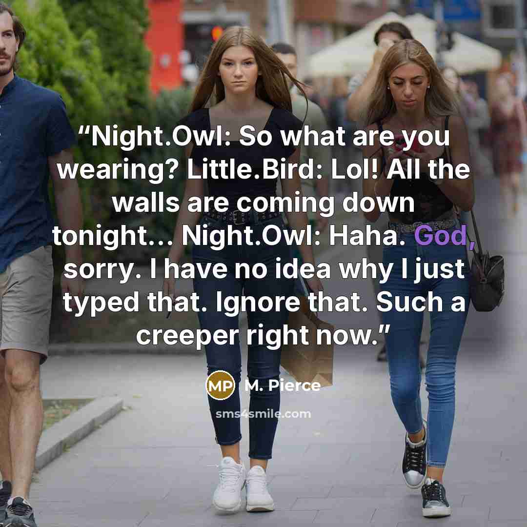 “Night.Owl: So what are you wearing? Little.Bird: Lol! All the walls are coming down tonight... Night.Owl: Haha. God, sorry. I have no idea why I just typed that. Ignore that. Such a creeper right now.” quote by M. Pierce