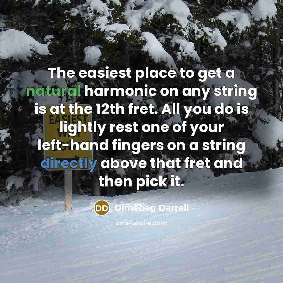 “The easiest place to get a natural harmonic on any string is at the 12th fret. All you do is lightly rest one of your left-hand fingers on a string directly above that fret and then pick it.” quote by Dimebag Darrell