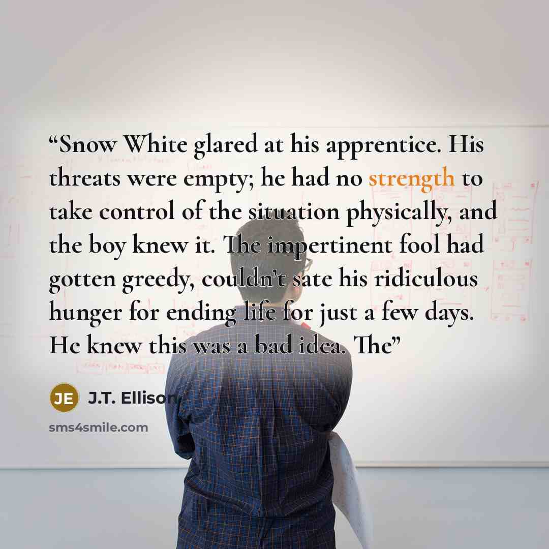 “Snow White glared at his apprentice. His threats were empty; he had no strength to take control of the situation physically, and the boy knew it. The impertinent fool had gotten greedy, couldn’t sate his ridiculous hunger for ending life for just a few days. He knew this was a bad idea. The” quote by J.T. Ellison
