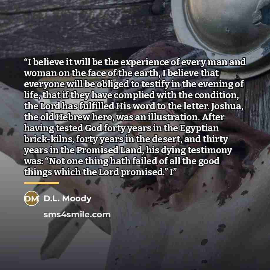 “I believe it will be the experience of every man and woman on the face of the earth, I believe that everyone will be obliged to testify in the evening of life, that if they have complied with the condition, the Lord has fulfilled His word to the letter. Joshua, the old Hebrew hero, was an…” quote by D.L. Moody