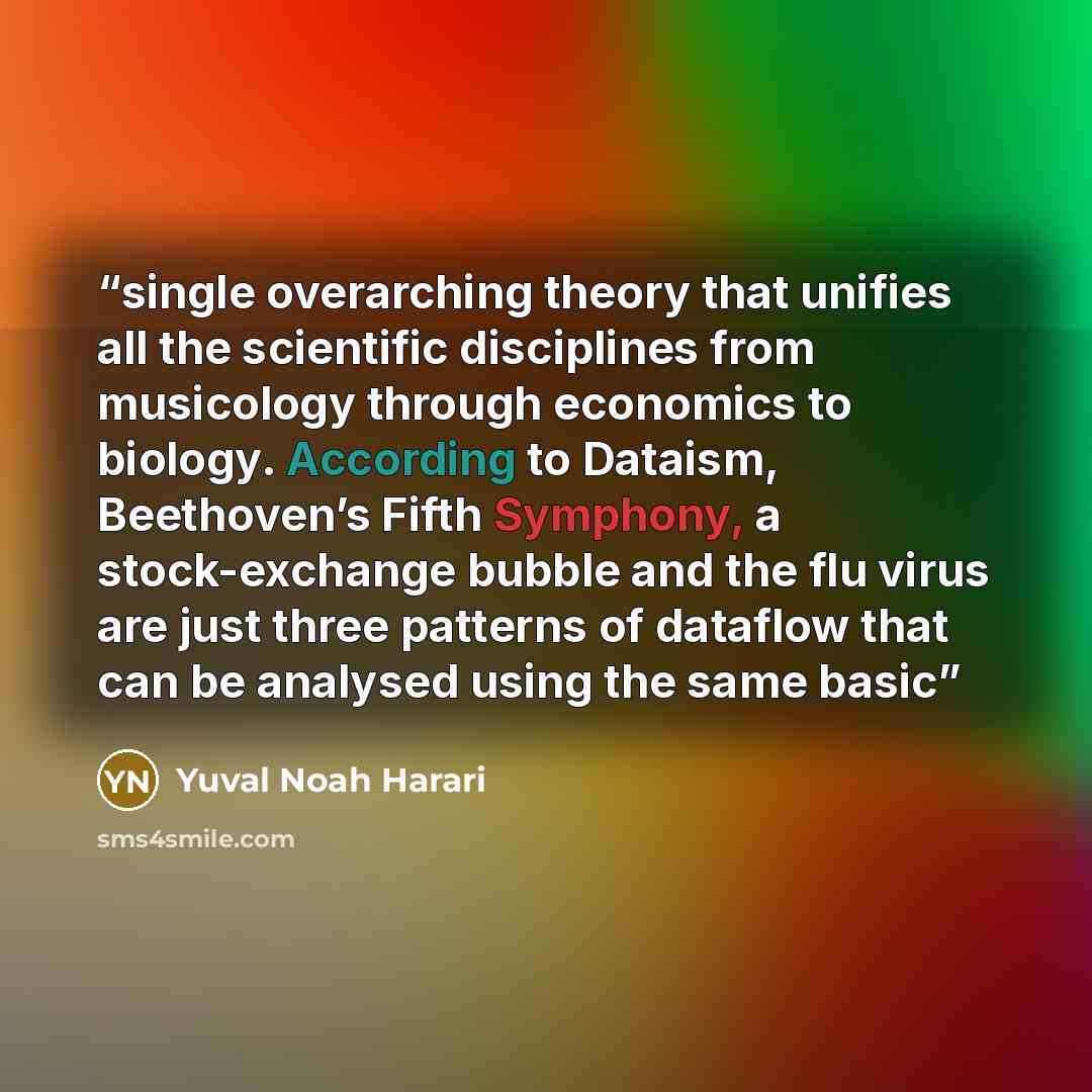 “single overarching theory that unifies all the scientific disciplines from musicology through economics to biology. According to Dataism, Beethoven’s Fifth Symphony, a stock-exchange bubble and the flu virus are just three patterns of dataflow that can be analysed using the same basic” quote by Yuval Noah Harari