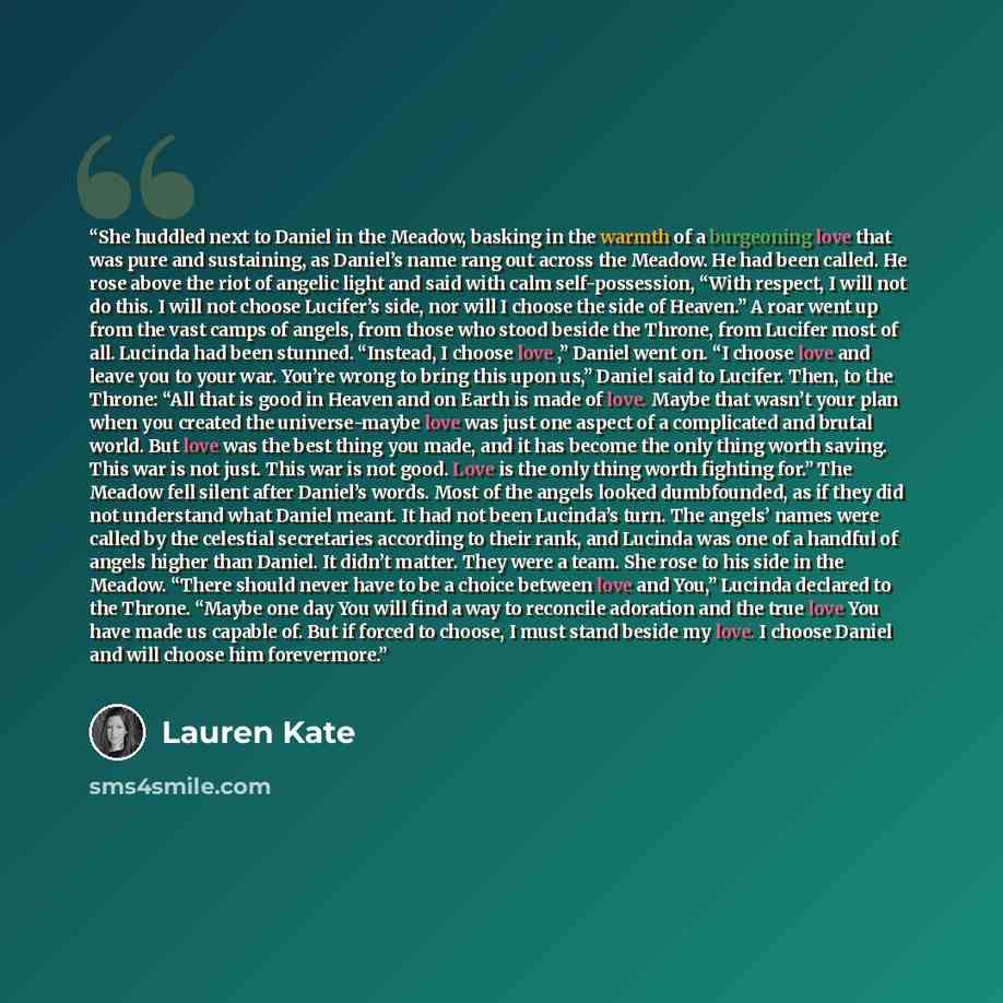 “She huddled next to Daniel in the Meadow, basking in the warmth of a burgeoning love that was pure and sustaining, as Daniel’s name rang out across the Meadow. He had been called. He rose above the riot of angelic light and said with calm self-possession, “With respect, I will not do this. I will…” quote by Lauren Kate