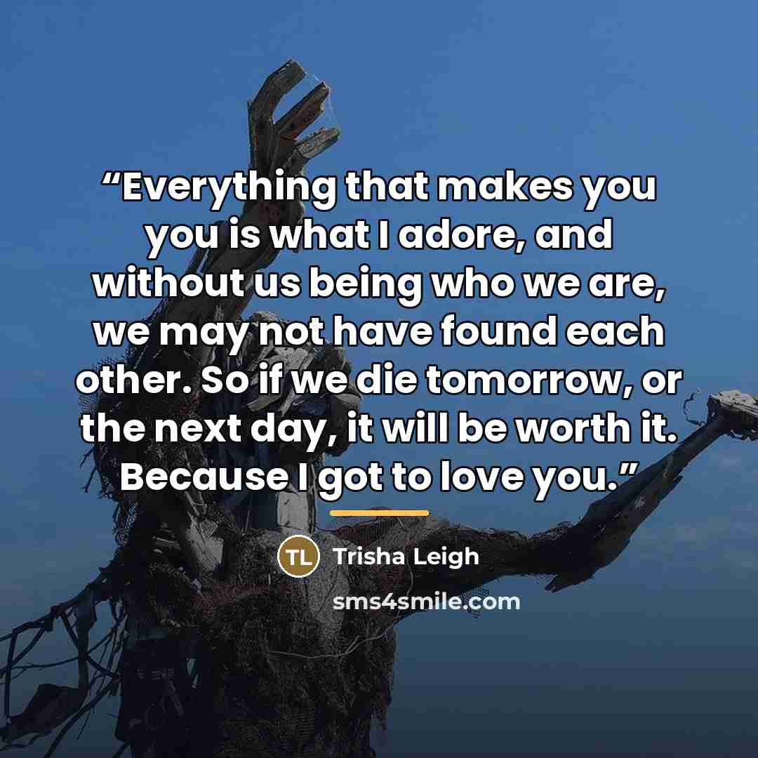 “Everything that makes you you is what I adore, and without us being who we are, we may not have found each other. So if we die tomorrow, or the next day, it will be worth it. Because I got to love you.” quote by Trisha Leigh